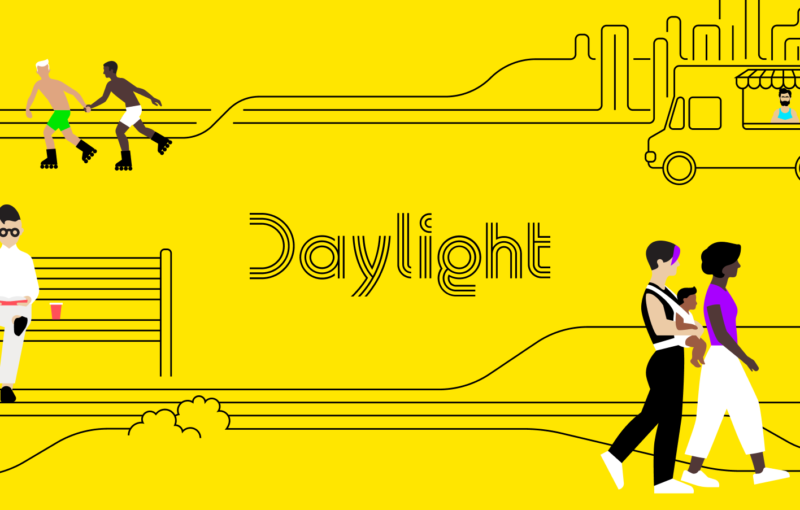 Daylight logo on yellow background with different types of illustrated LGBTQ community members