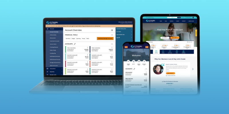citadel credit union portal on a computer, phone, and tablet