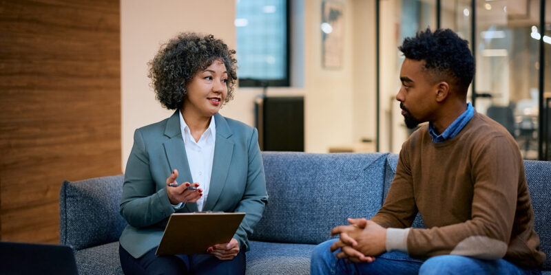 Customer receives consultation inside a bank branch