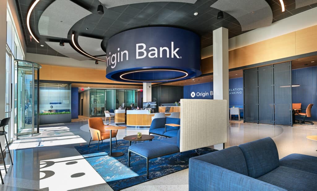 An innovative bank branch lobby design with large digital signage feature