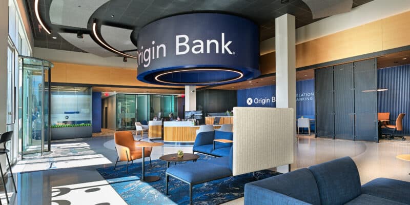 An innovative bank branch lobby design with large digital signage feature