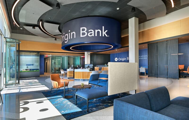 An innovative bank branch lobby design with large digital signage feature